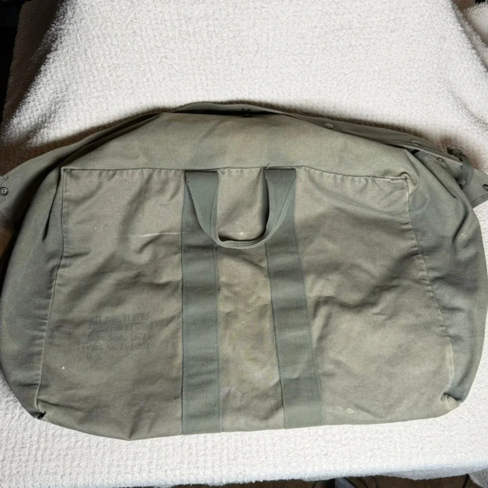 Vintage 1973 US Military Kit Bag Flyers Olive Drab Canvas Duffel 1970s Surplus